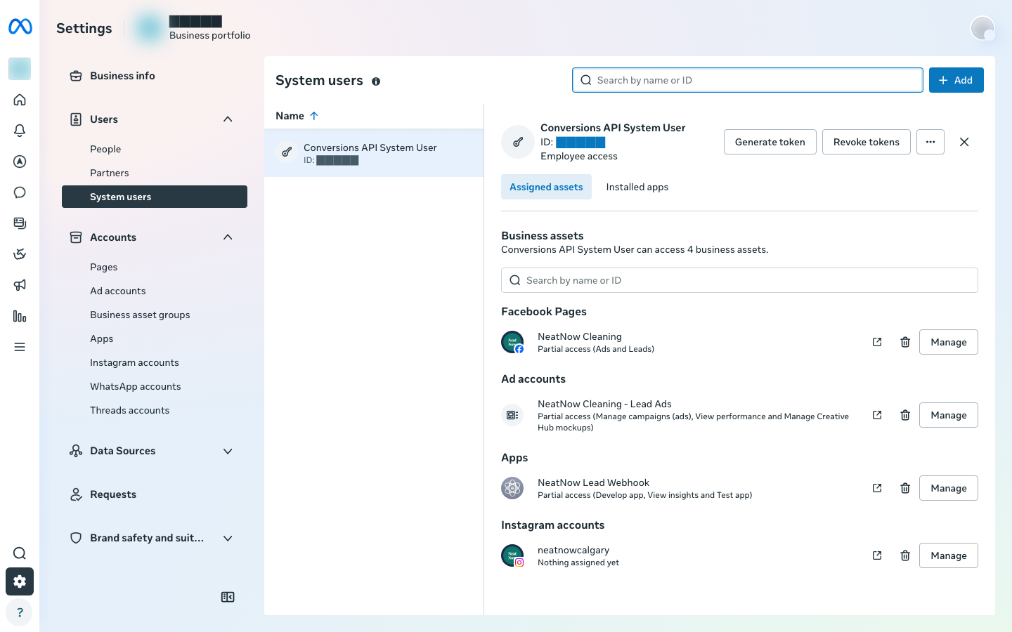 System user detail showing Generate token / Revoke tokens and the Page with Partial access (Ads and Leads)