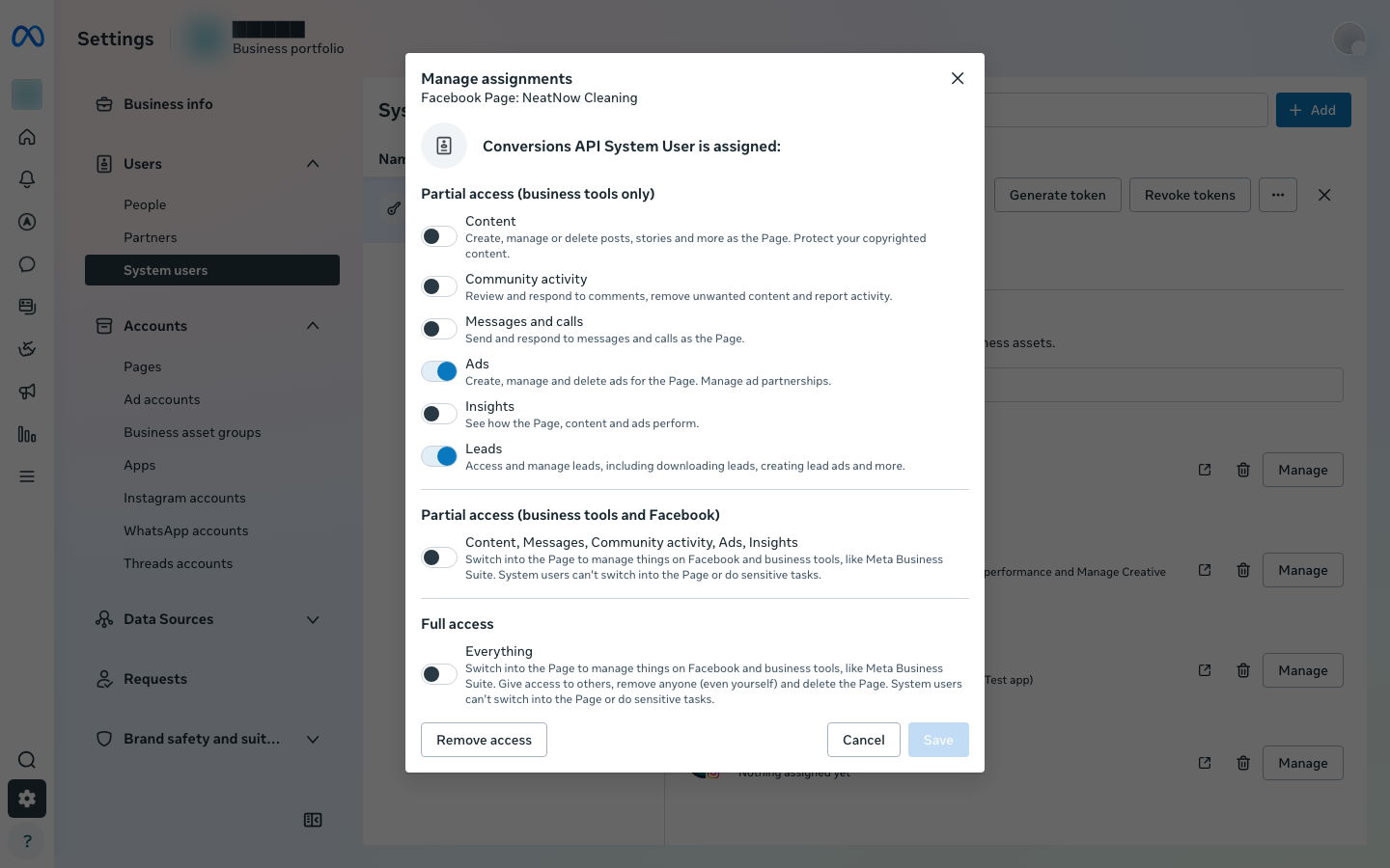 Manage assignments dialog with Ads and Leads toggles switched ON