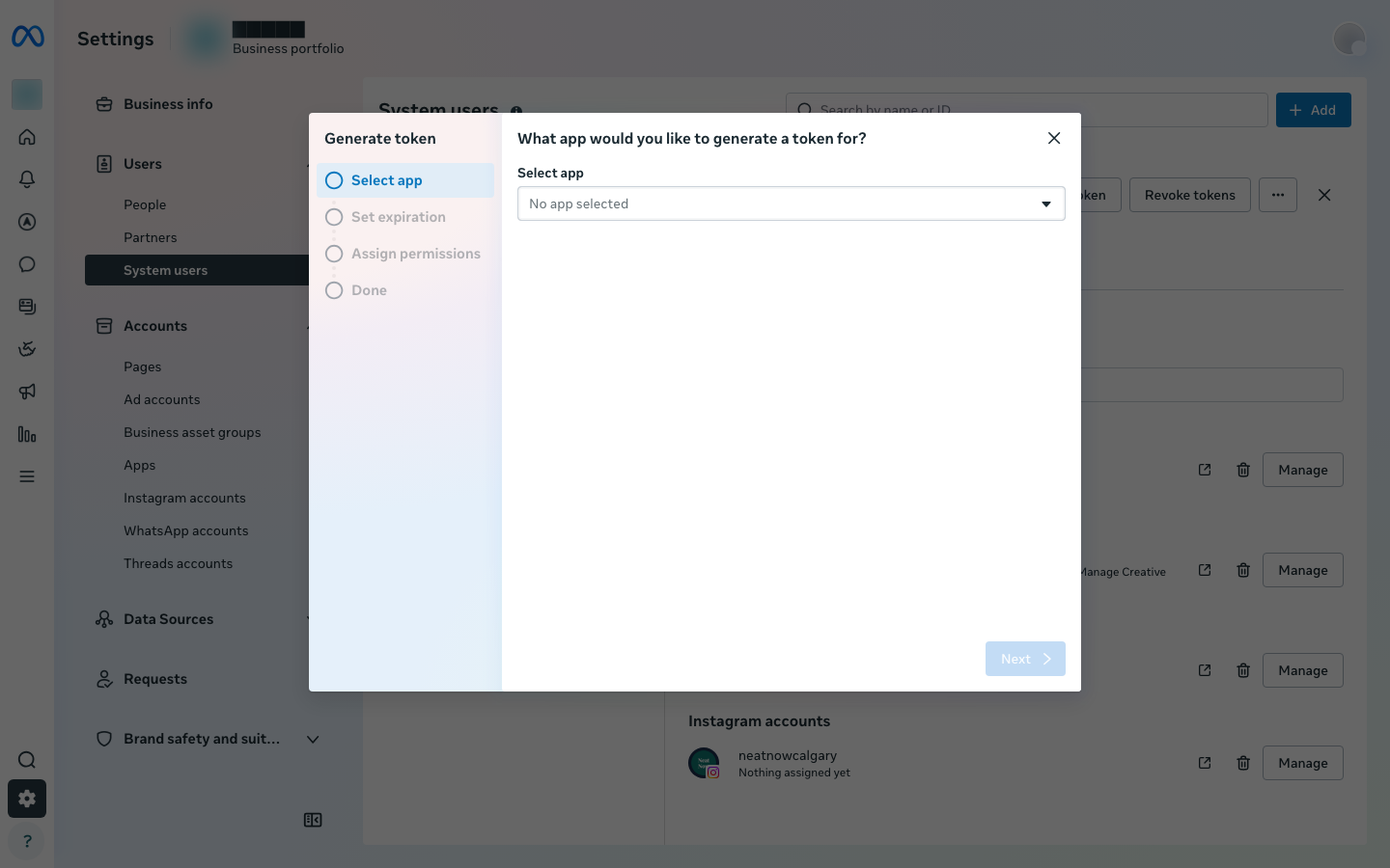 Generate token wizard rail: Select app, Set expiration, Assign permissions, Done