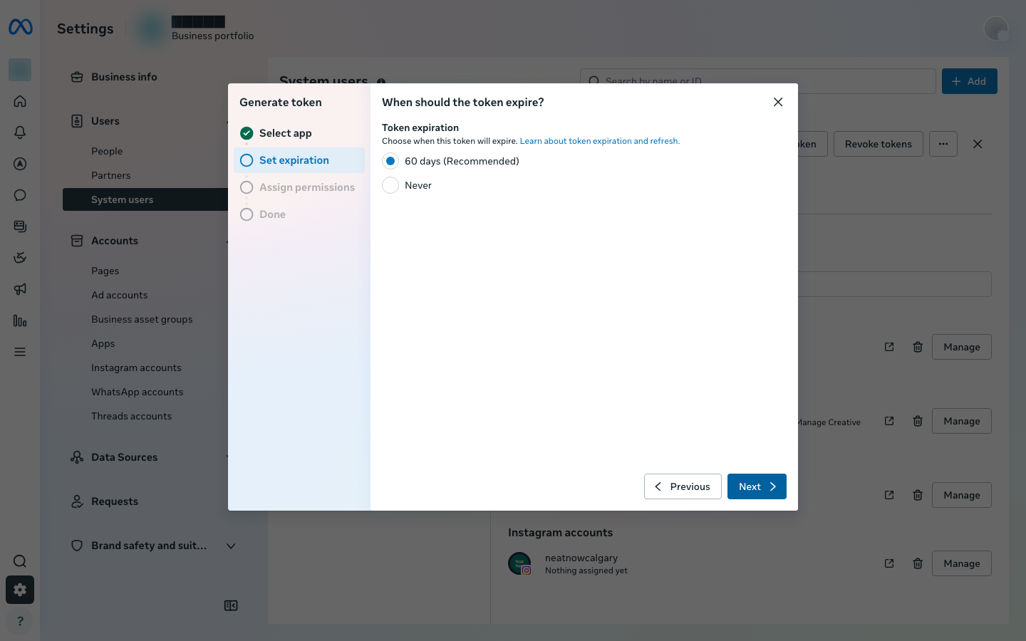 Set expiration step; Meta defaults to 60 days (Recommended), and you must switch it to Never