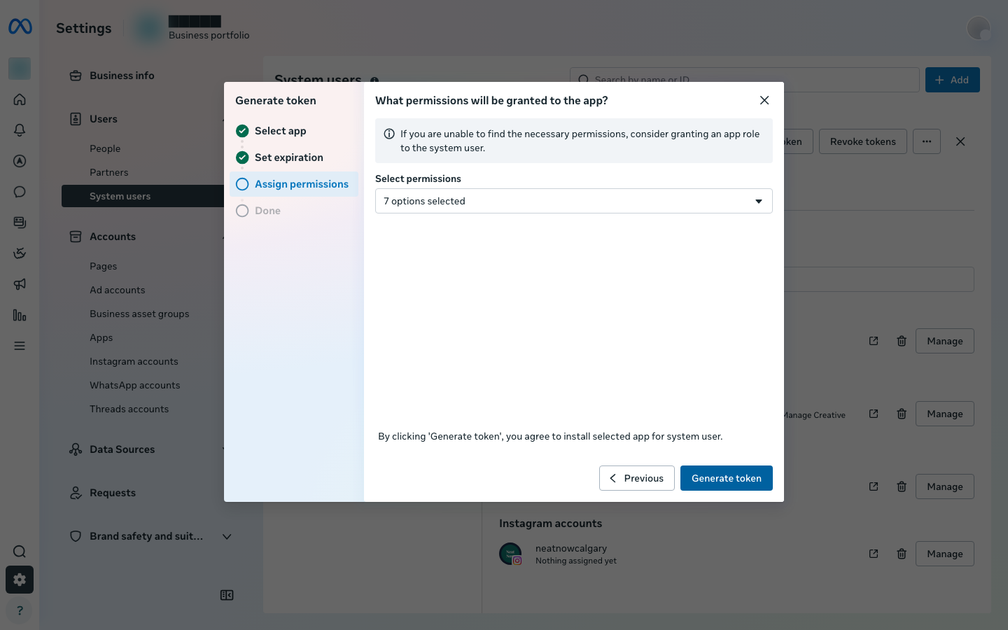 Assign permissions picker showing the Select permissions field with options selected